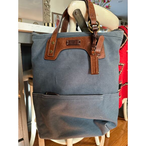 Crate and Barrel x FRYE Blue-Grey Canvas brown leather Backpack org $228.00 - Picture 5 of 16